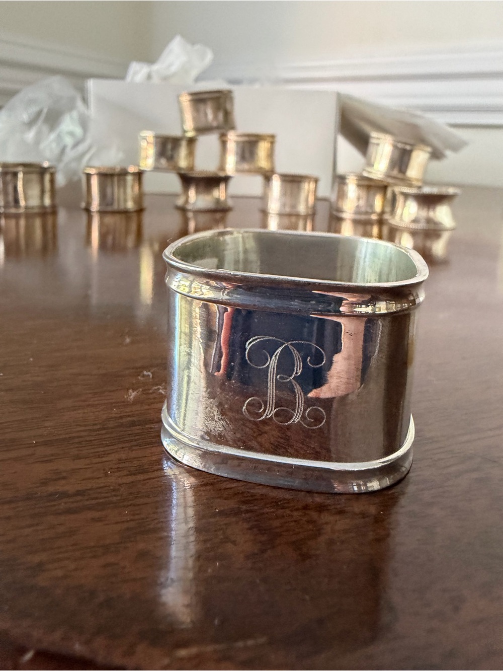 Silver Plated Napkin Rings Set - Classic Metallic Finish with “B” monogram